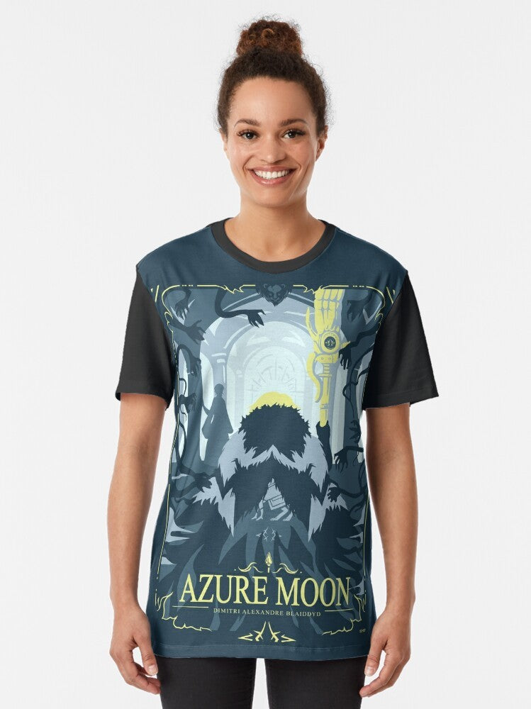 Azure Moon Fire Emblem Three Houses graphic t-shirt featuring characters Byleth, Claude von Riegan, Dimitri Alexandre Blaidd, and Edelgard von Hresvelg. - Women