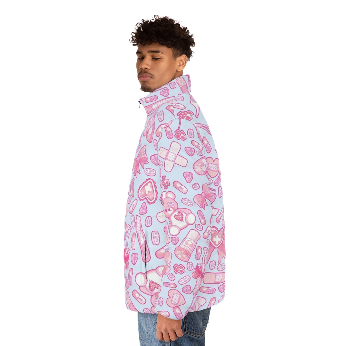 Sickly sweet puffer jacket in pastel goth, yume kawaii style with medical and horror elements - men side left