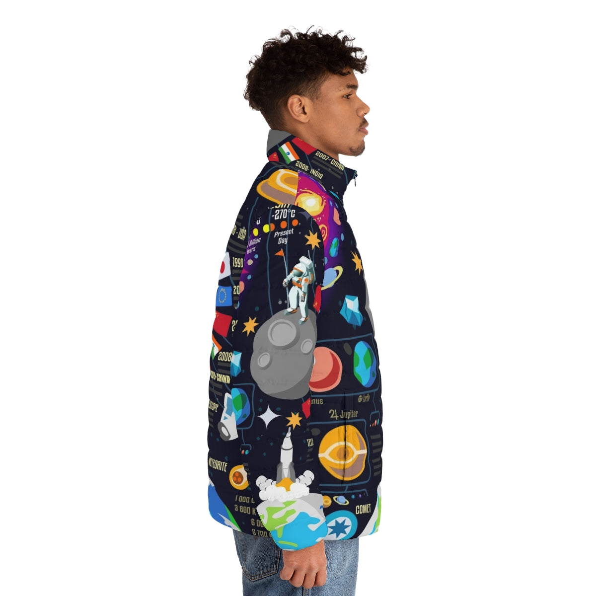 Space-inspired puffer jacket with infographic design of the universe and big bang - men side right