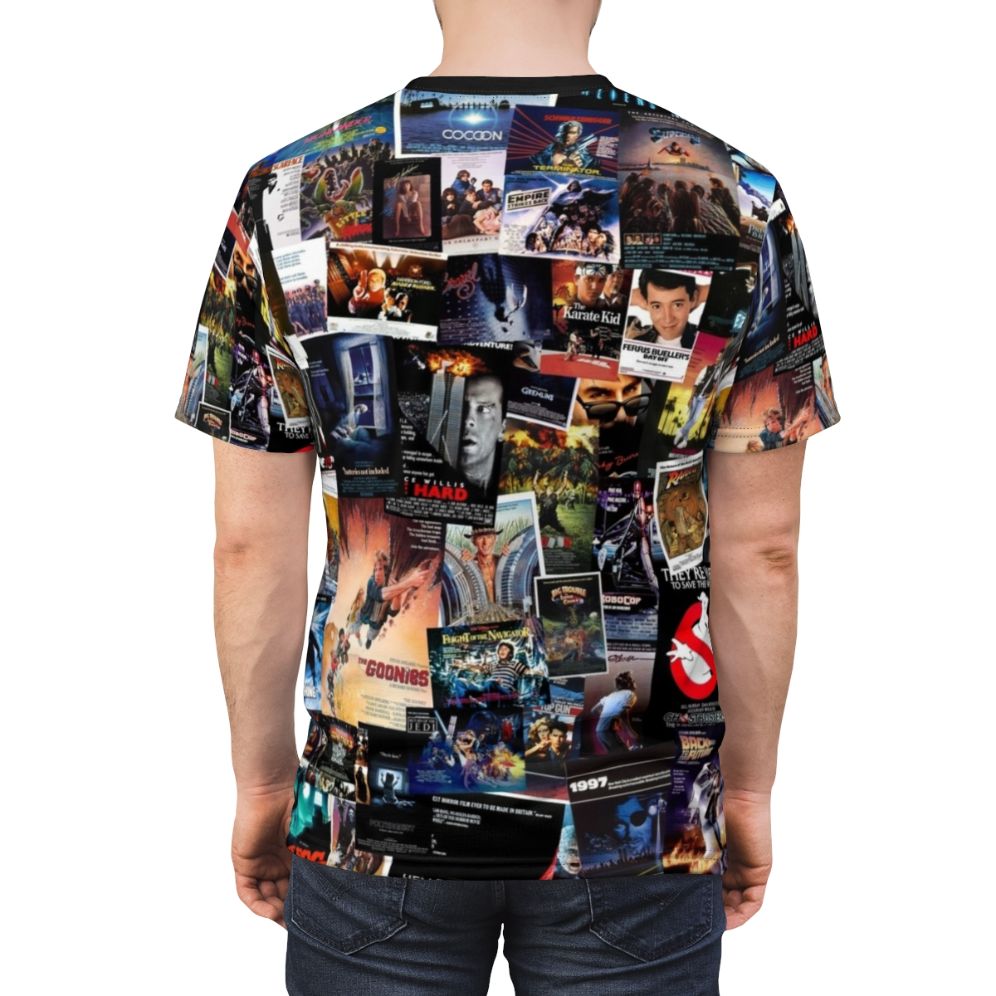 Vintage-style t-shirt featuring classic movie poster designs from the 1980s - men back