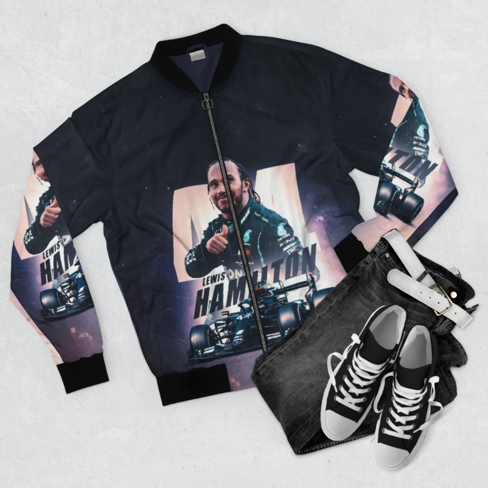 Lewis Hamilton F1 Champion 2024 Bomber Jacket with Retro Design Illustration - Flat lay