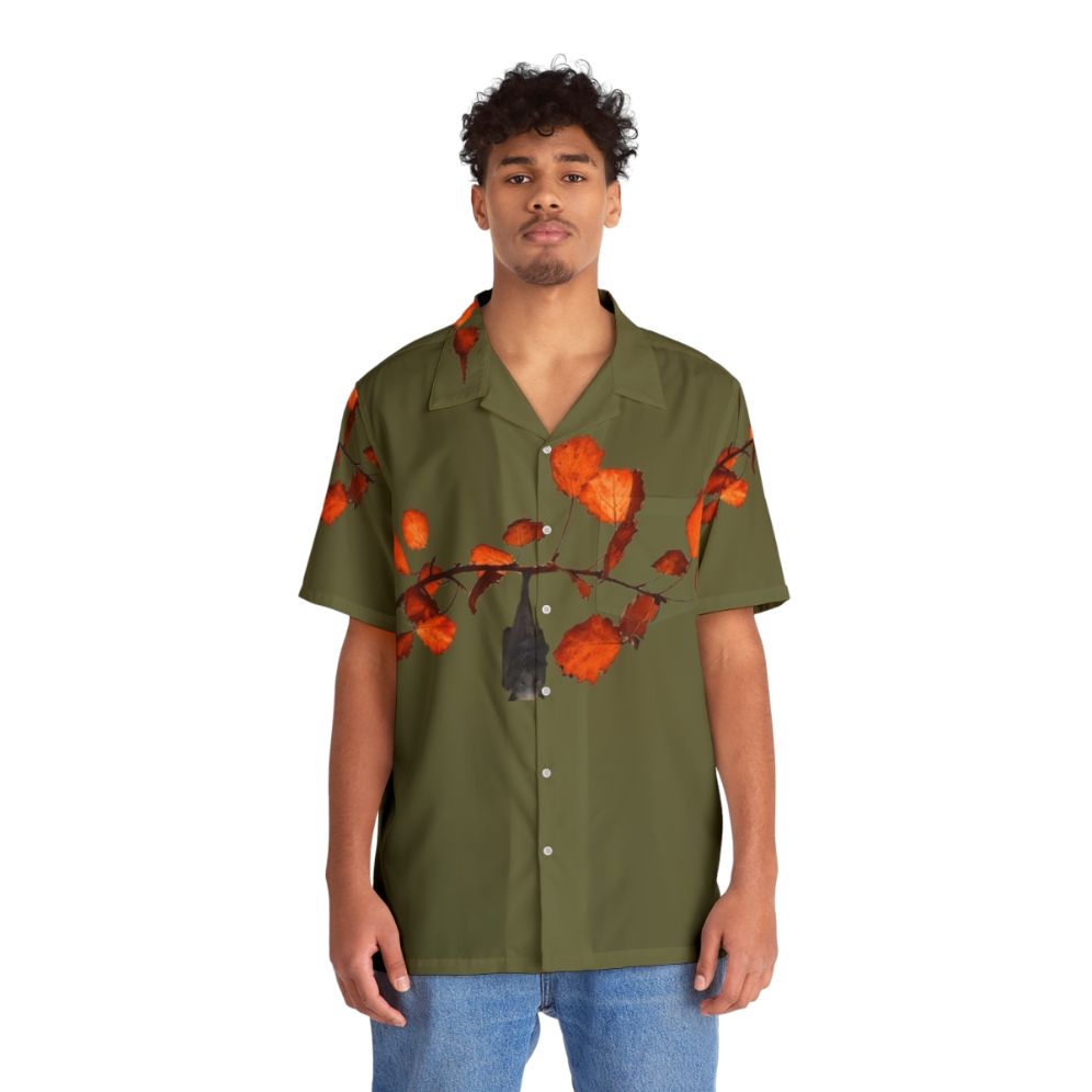 Batzilla Hanging Around Moss Green Hawaiian Shirt with Tropical Leaves Design - People Front