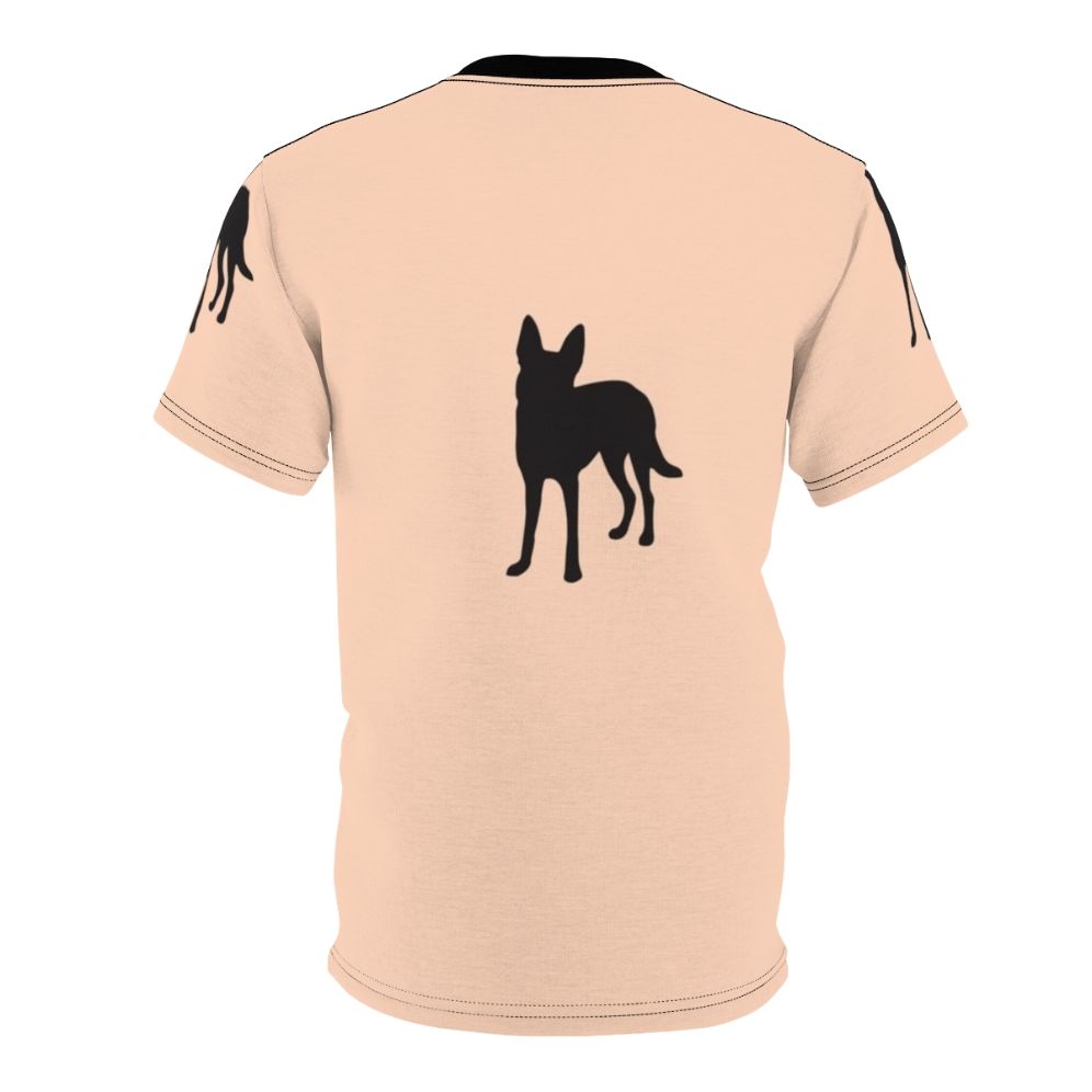 Photograph of a person wearing a t-shirt featuring the carolina dog breed and American flag design - Back