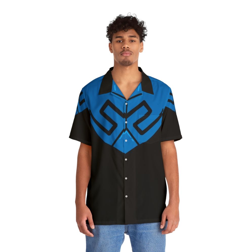 Blue Beetle Armor Hawaiian Shirt with DC Comics Superhero Design - People Front