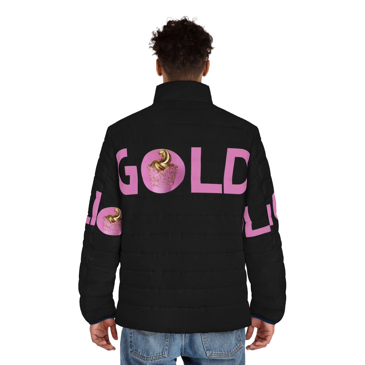 Gold and pink puffer jacket with galaxy unicorn design - men back