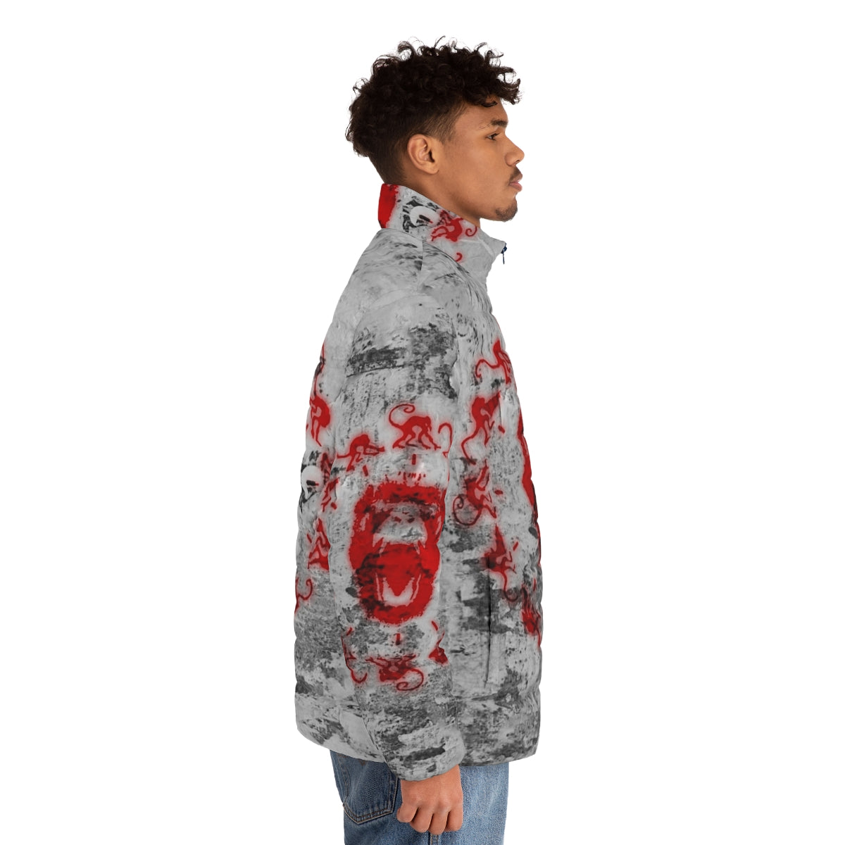 "Army of the 12 Monkeys" themed puffer jacket with billboard design - men side right