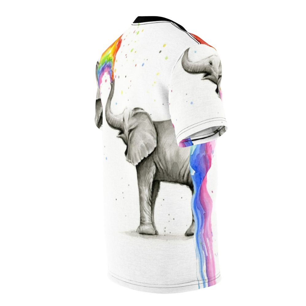 Whimsical illustration of a cute baby elephant spraying a colorful rainbow from its trunk - men right