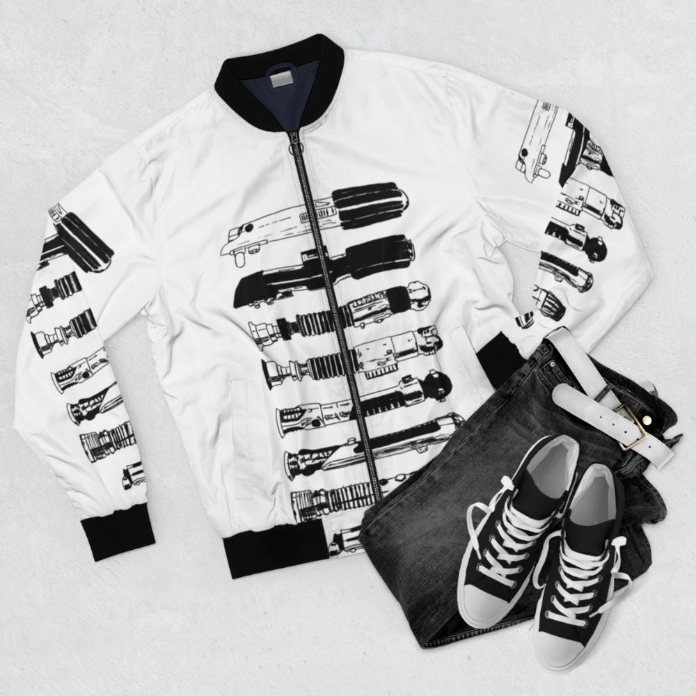 A minimalist bomber jacket featuring a hand-drawn Star Wars logo and design - Flat lay