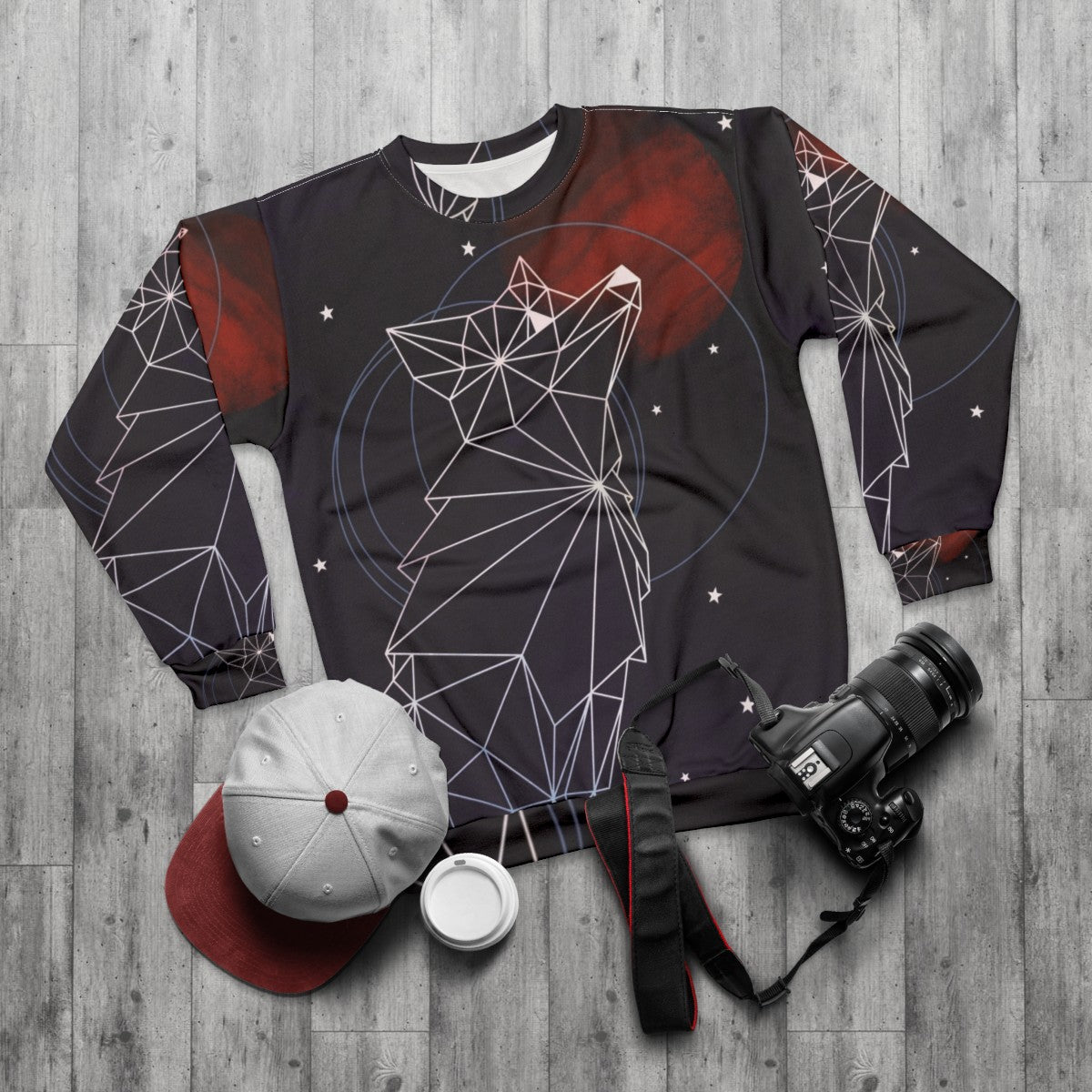 Cosmic fox in the stars watercolor design sweatshirt - flat lay