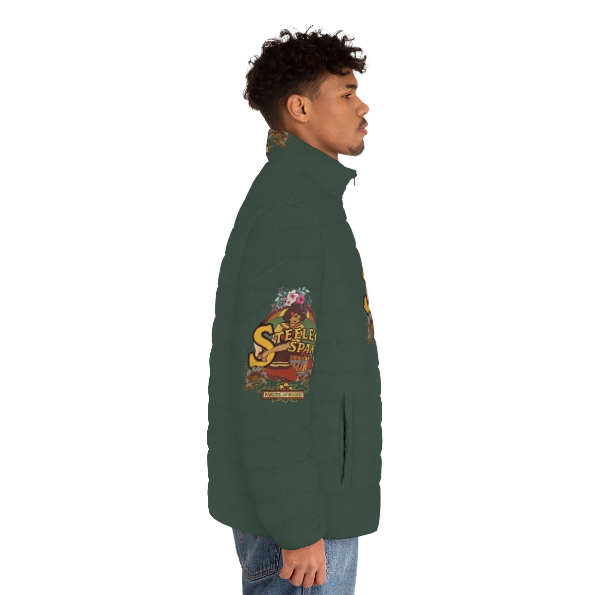 Steeleye Span inspired puffer jacket with a vintage folk rock design - men side right