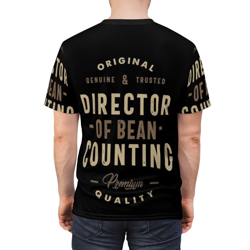 A graphic t-shirt design featuring the text "Director of Bean Counting" in an artistic typography style, suitable for accounting, finance, and office work professions. - men back