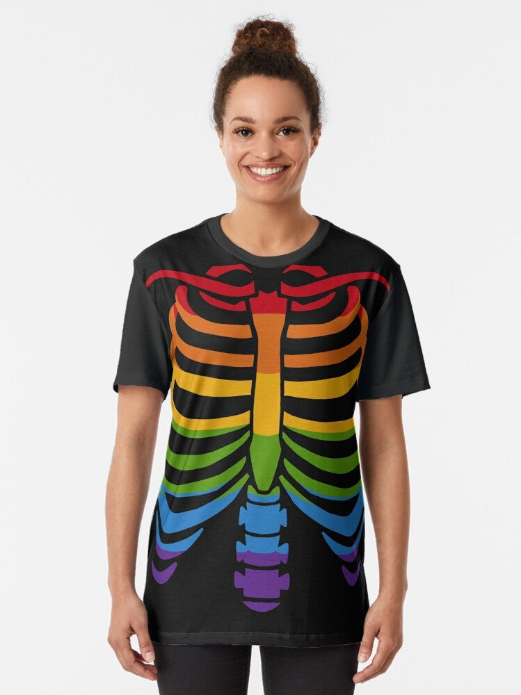 LGBTQ Pride Skeleton Graphic T-Shirt with Rainbow Ribcage - Women