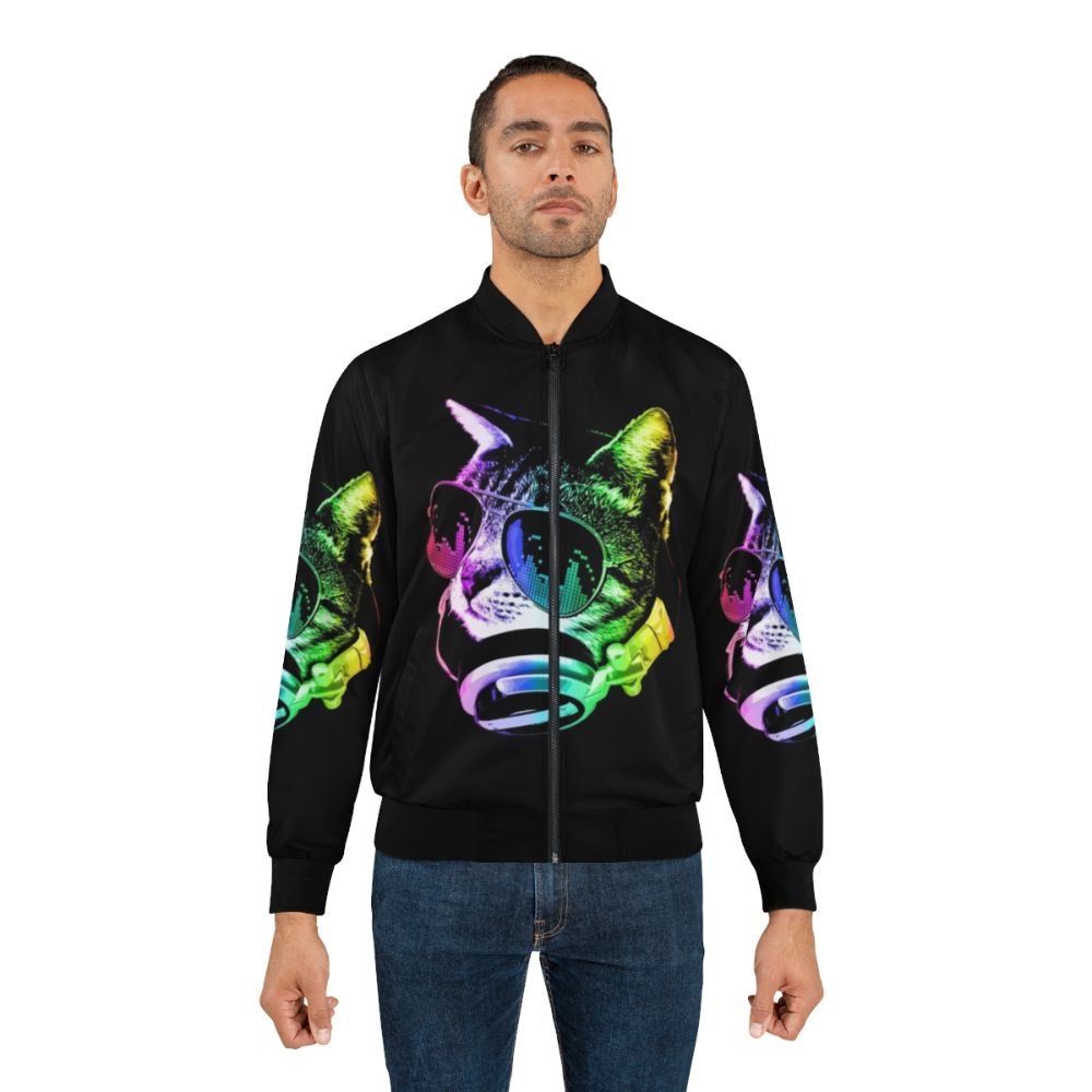 A bomber jacket with a graphic of a colorful, music-loving cat wearing headphones. - Lifestyle