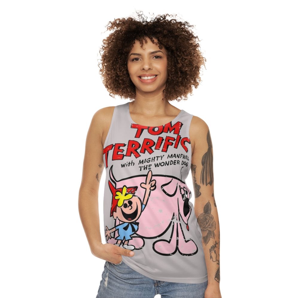 Retro unisex tank top featuring the cartoon character Tom Terrific - women