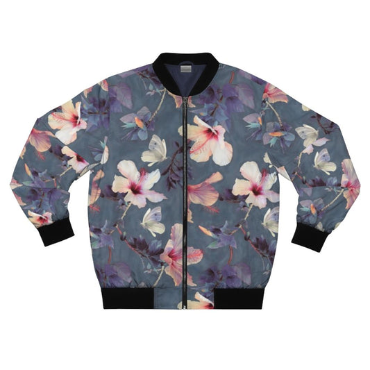 Colorful bomber jacket with a painted pattern of hibiscus flowers and butterflies