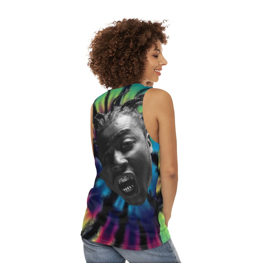 Unisex tie dye tank top with Ol Dirty Bastard inspired design - women back