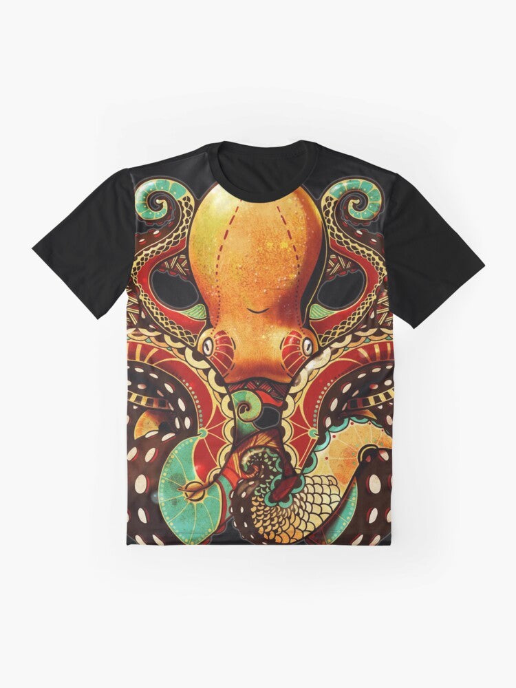 Octopus graphic design t-shirt featuring sea life inspired artwork with tentacles and a zentacle pattern - Flat lay