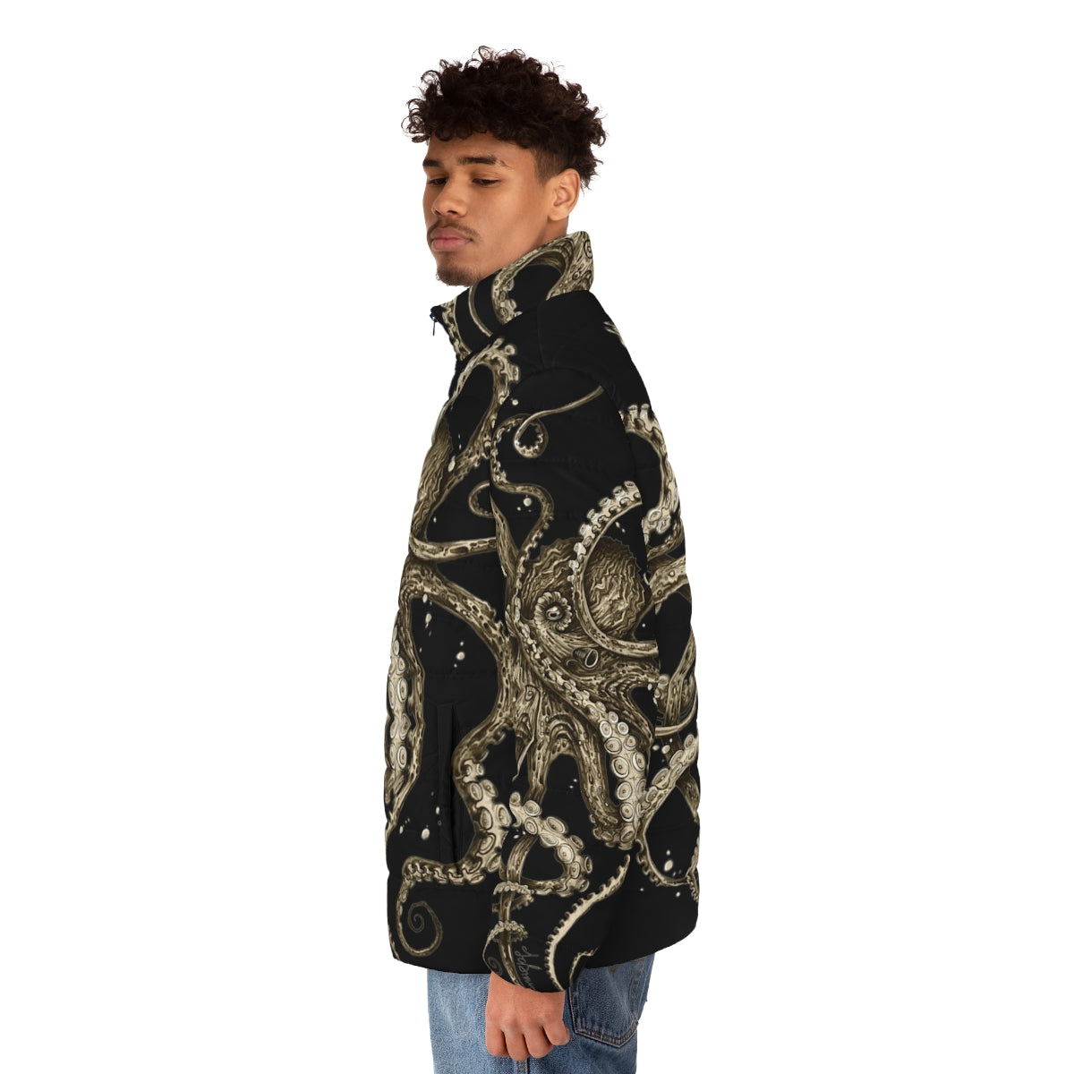 Psychedelic sepia-colored puffer jacket with octopus and tentacle design - men side left