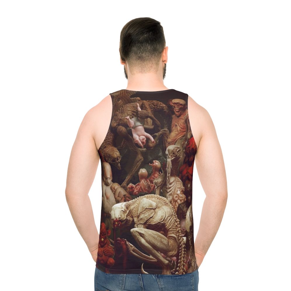 Unisex horror tank top with creature design - men back