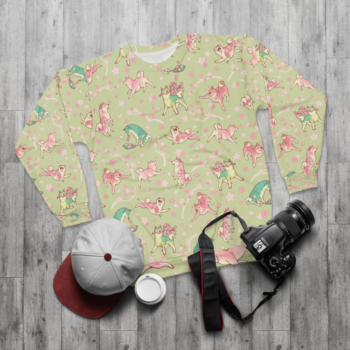 Shibakura Matchinu Matcha Sweatshirt with Shiba Inu Dog and Sakura Flower Pattern - flat lay