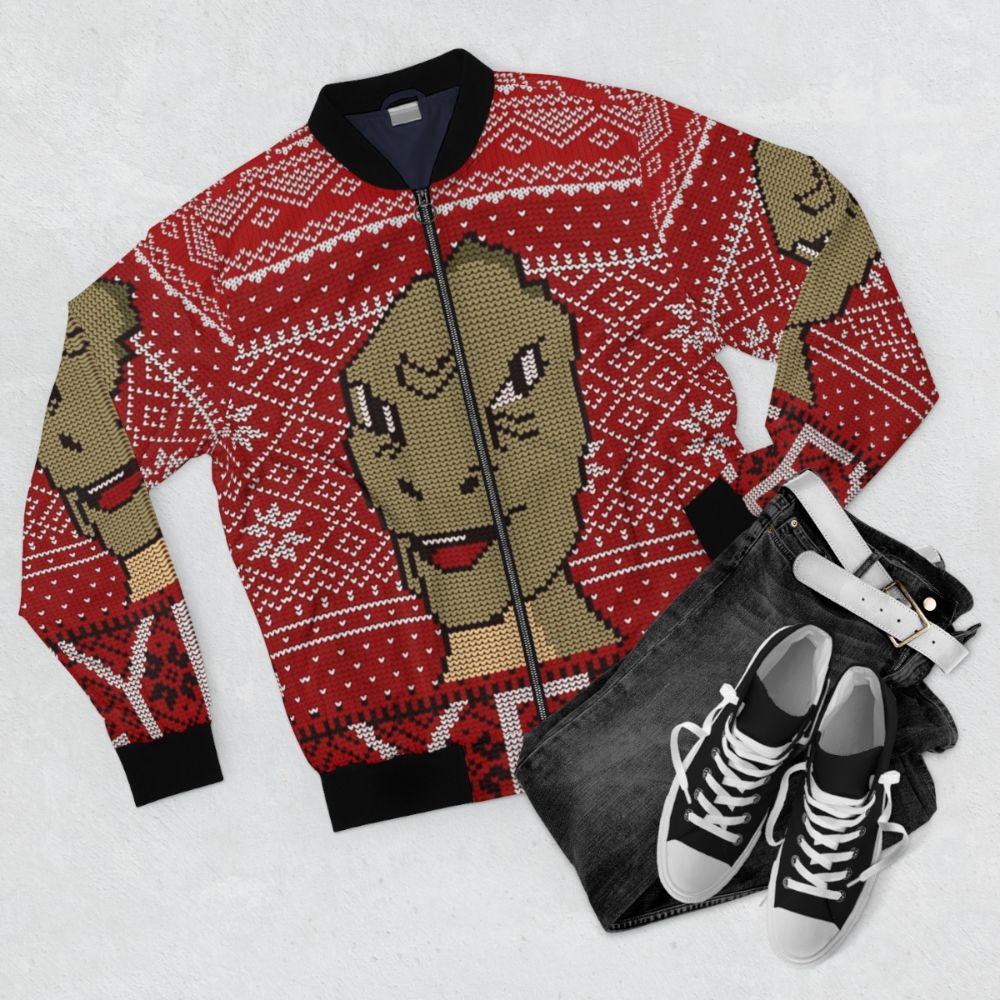 Yee Ugly Christmas Sweater 2019 Bomber Jacket featuring a dino meme design - Flat lay