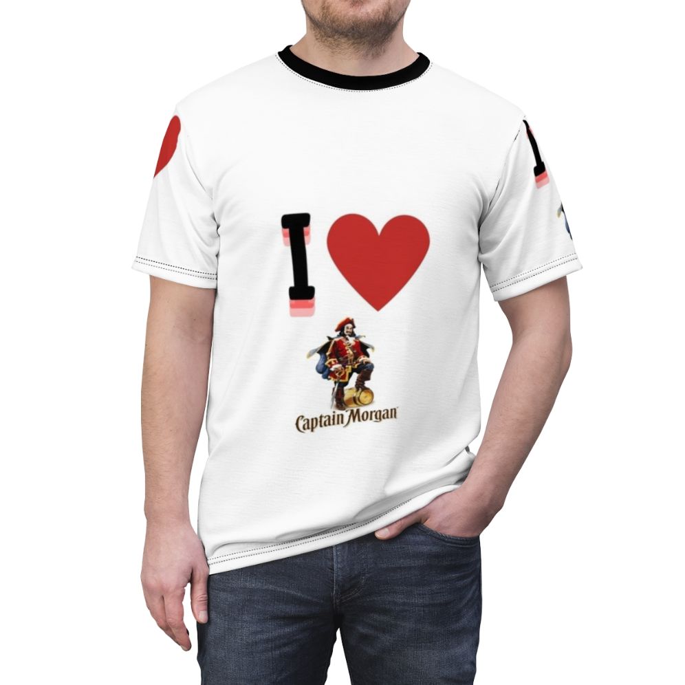 Man wearing a t-shirt with a captain morgan design - men front