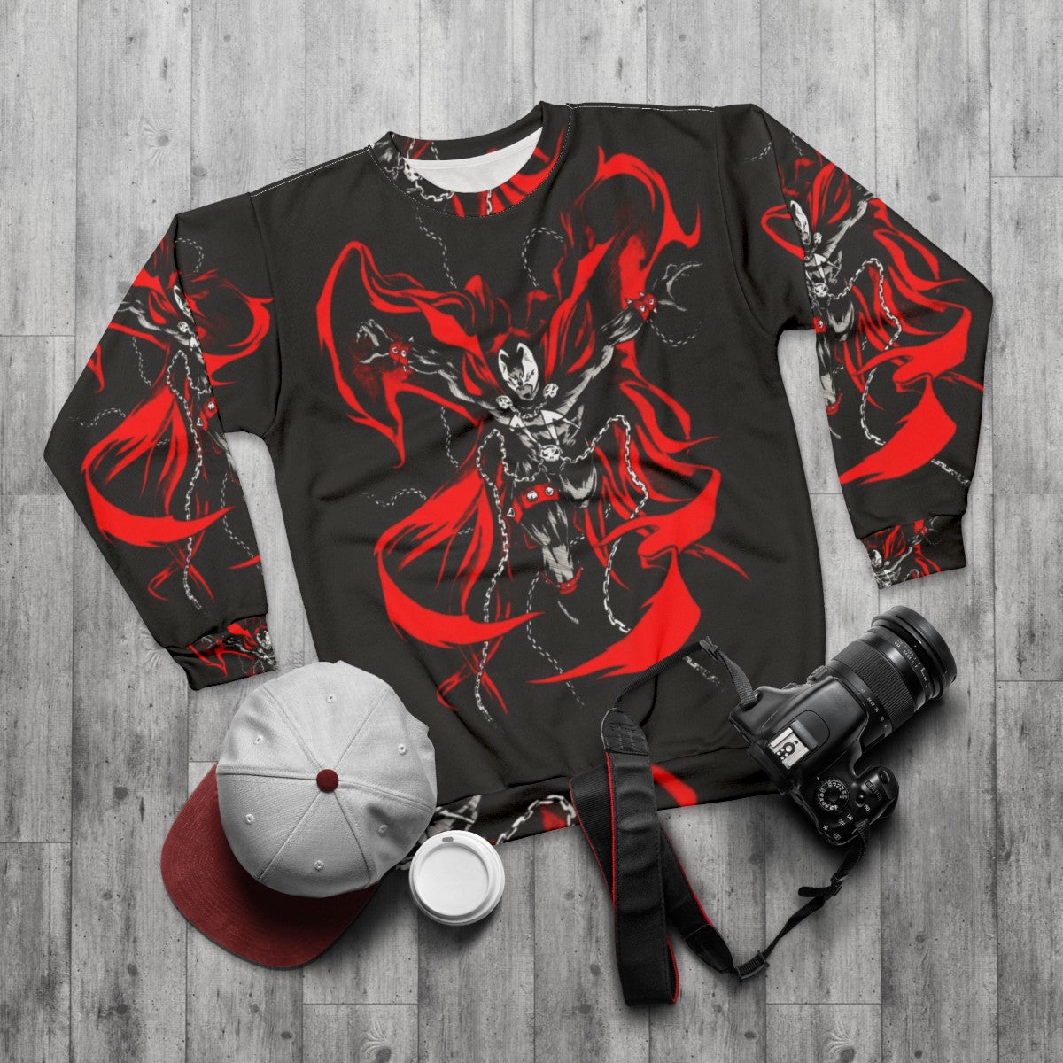 Hellspawn comics-inspired superhero sweatshirt - flat lay