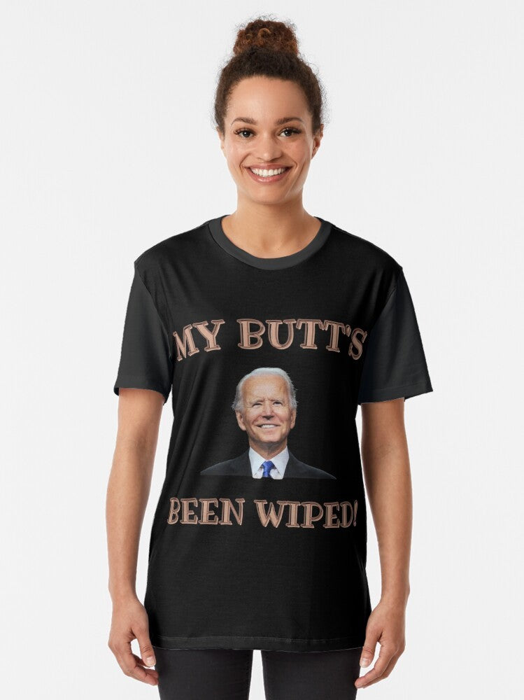 Graphic t-shirt featuring the text "My Butt's Been Wiped!" with an image of President Joe Biden - Women