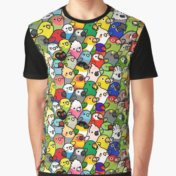 Graphic t-shirt featuring a colorful pattern of various parrot species including cockatiel, cockatoo, and more.