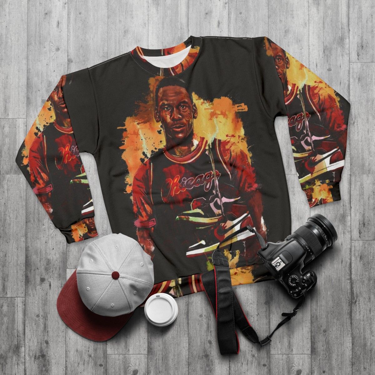 Basketball-themed sweatshirt with MJ sneakers inspired design - flat lay