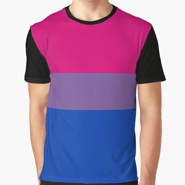 Bisexual pride flag graphic on a white t-shirt