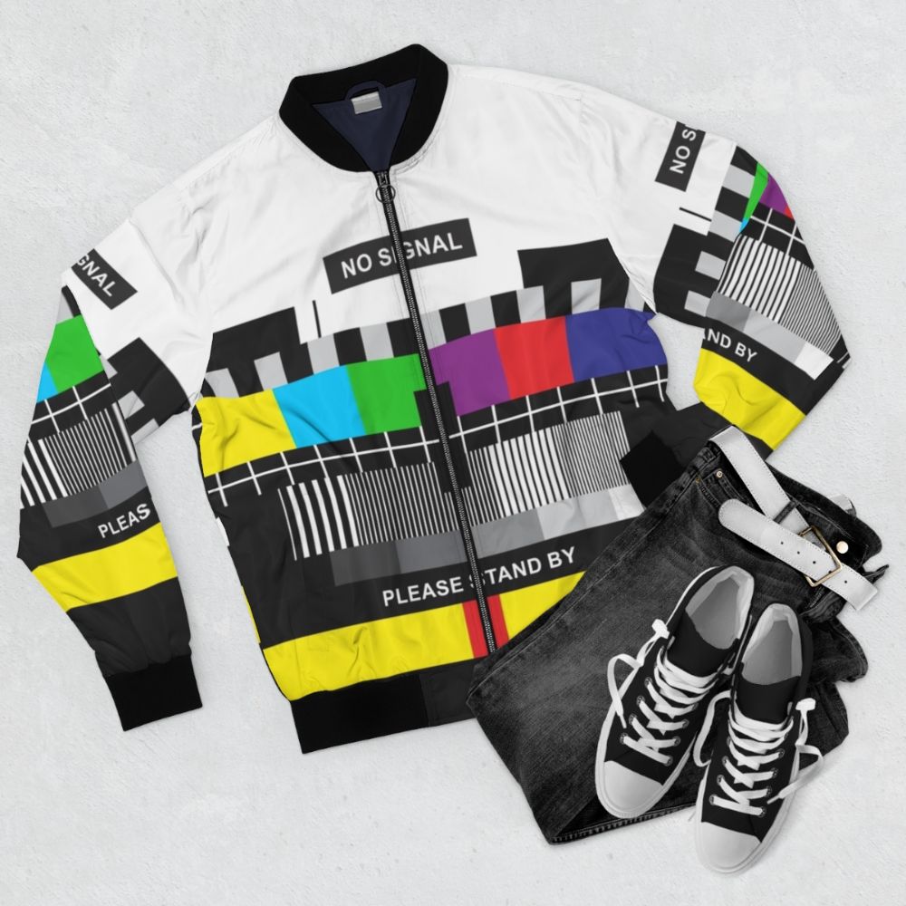 TV No Signal Bomber Jacket - Retro 80s telecommunications pattern design - Flat lay