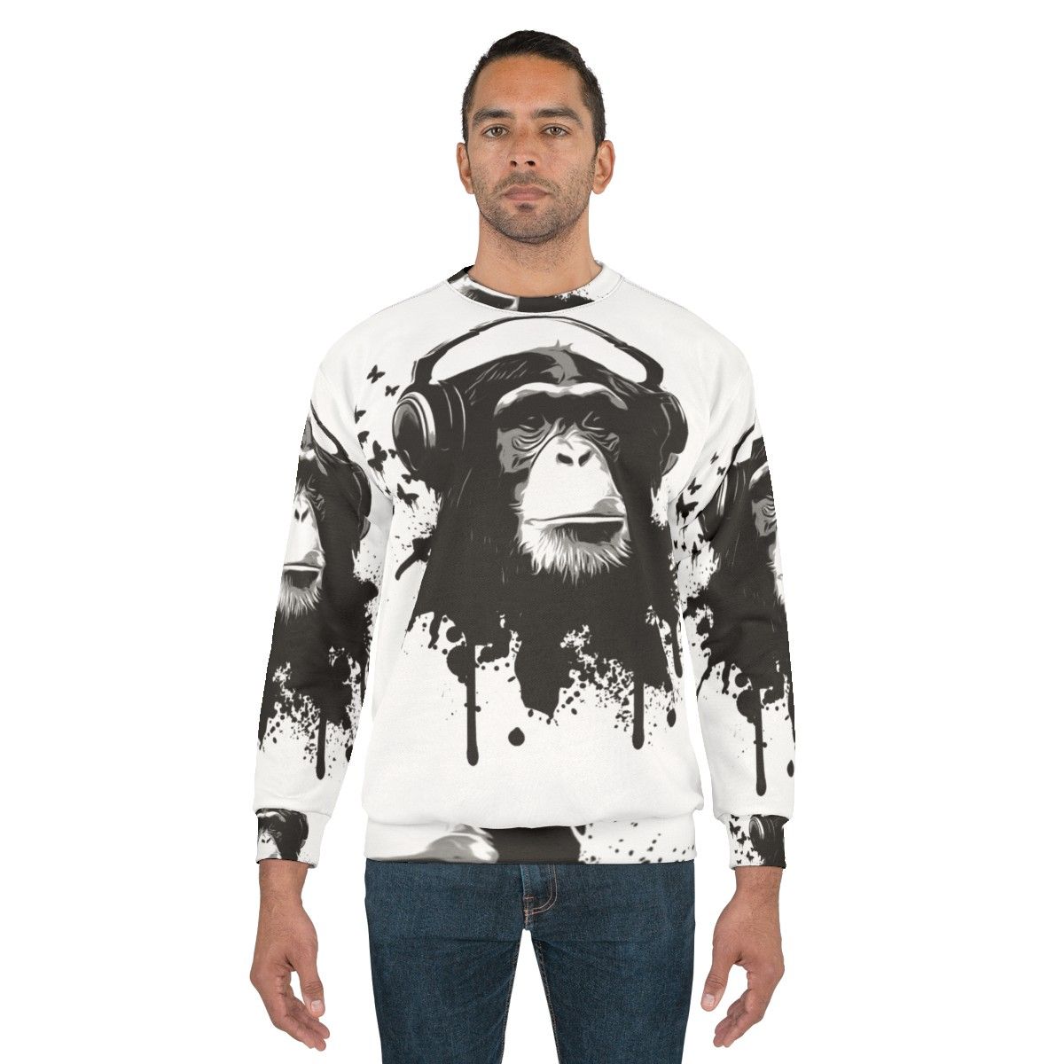 Stylish monkey business sweatshirt with vibrant splatter pattern and animal graphics - men