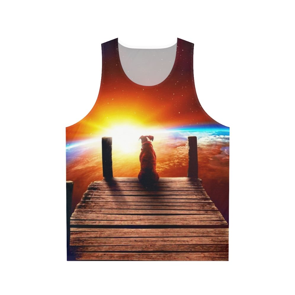 Surreal unisex tank top with digital collage of space and a dog