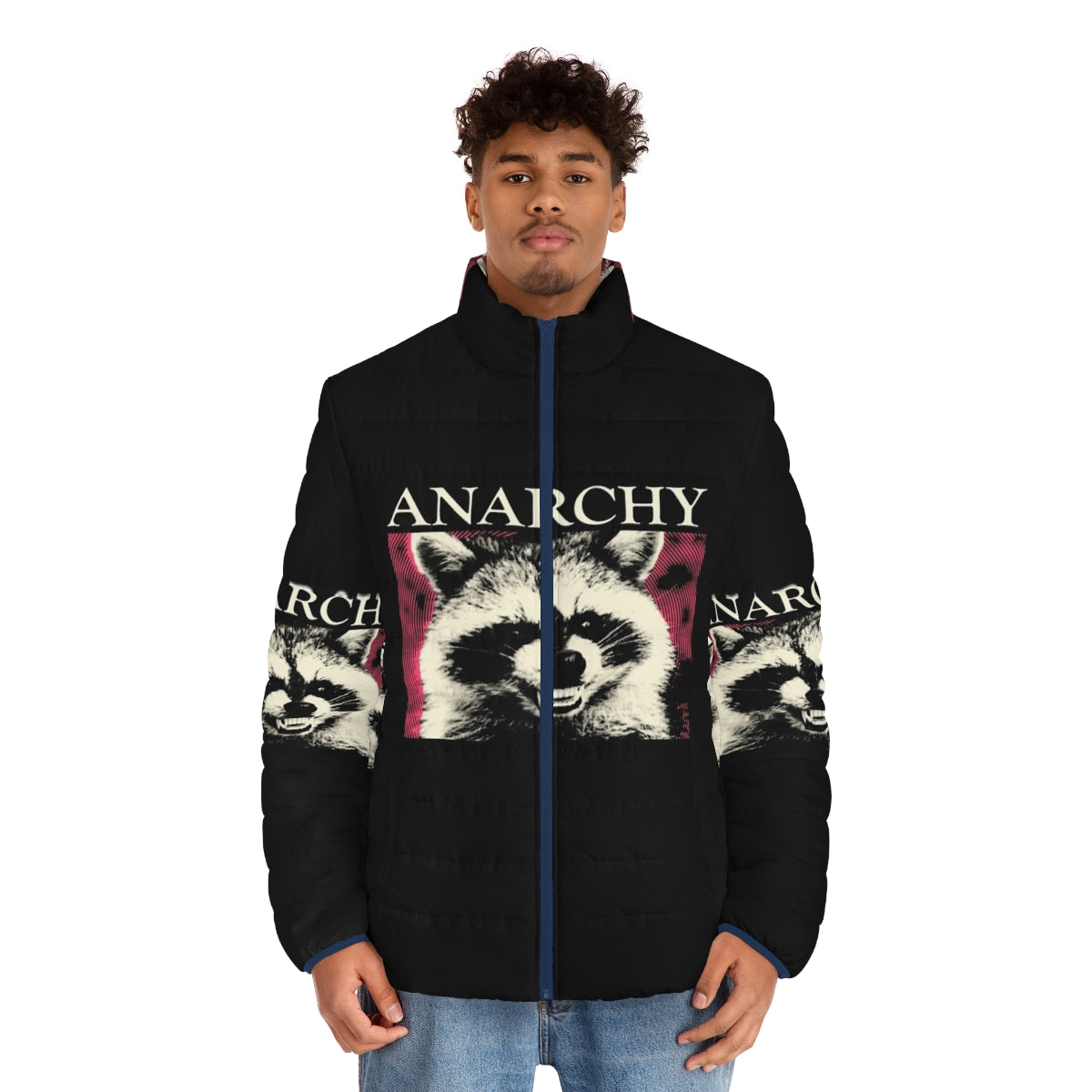 Anarchy Raccoon in a pink puffer jacket, a humorous and trendy design for raccoon lovers - men front