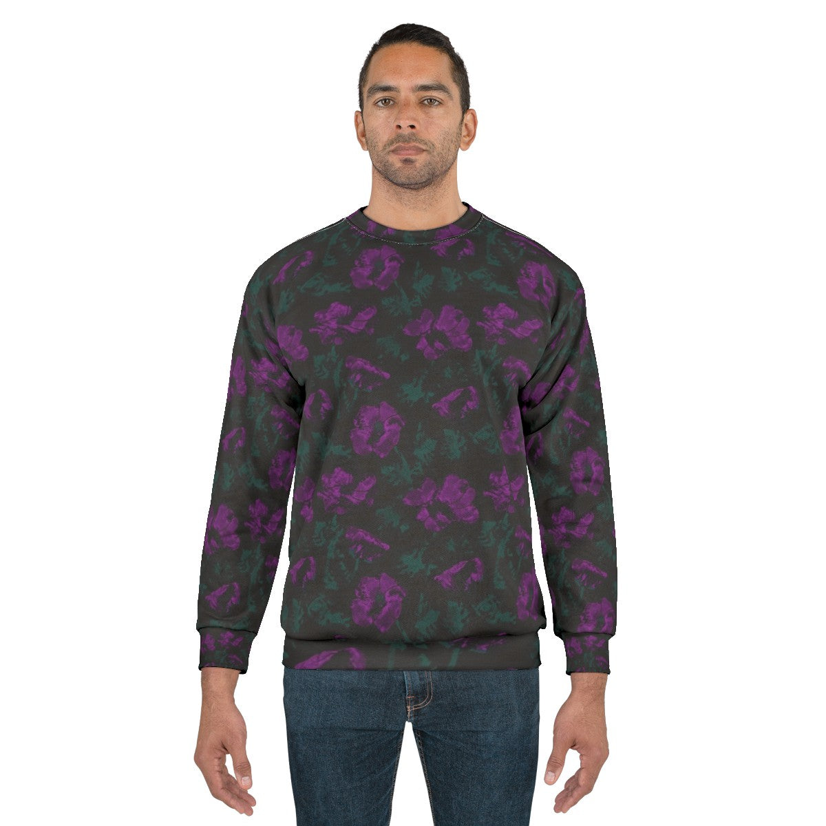 Purple flowers on black background floral sweatshirt - men