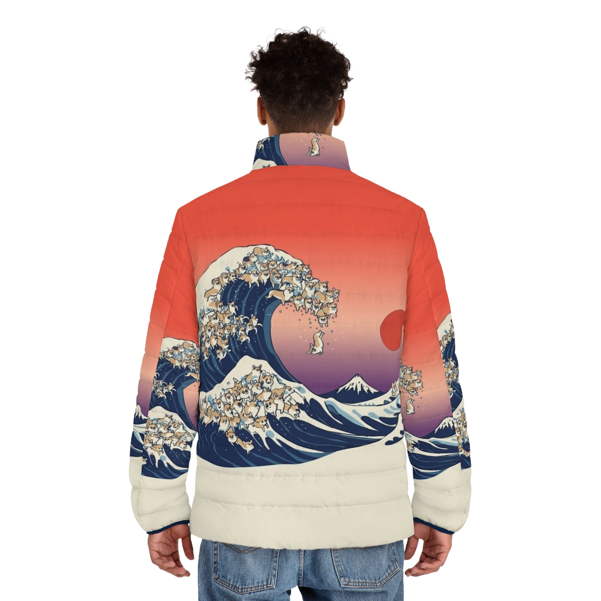 Corgi wearing a puffer jacket with the famous "Great Wave off Kanagawa" design - men back