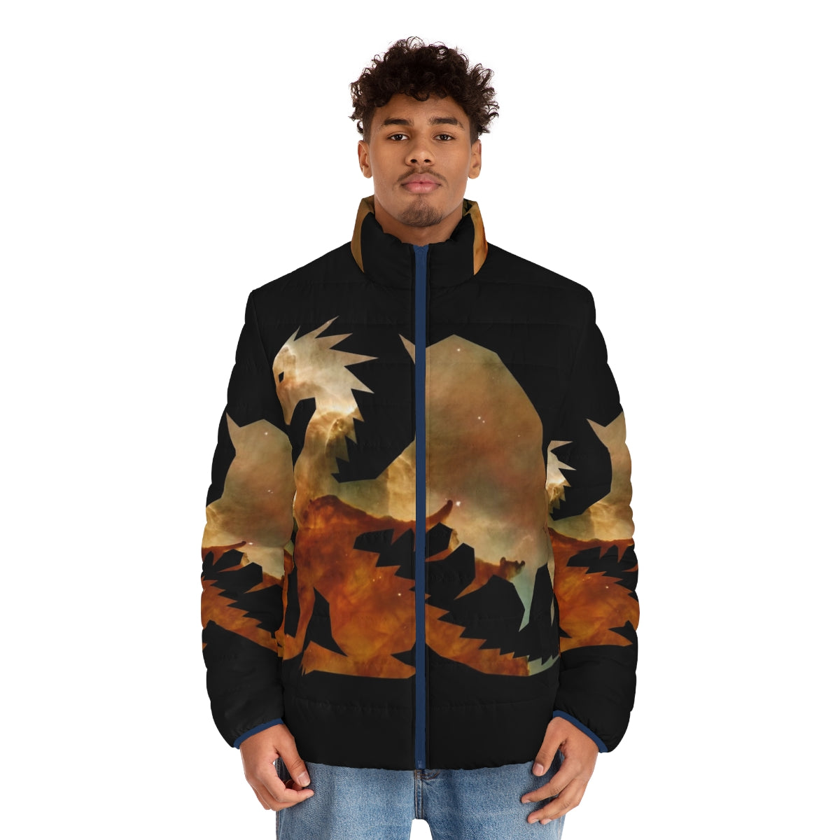 Cosmic watercolor legendary dragon puffer jacket - men front