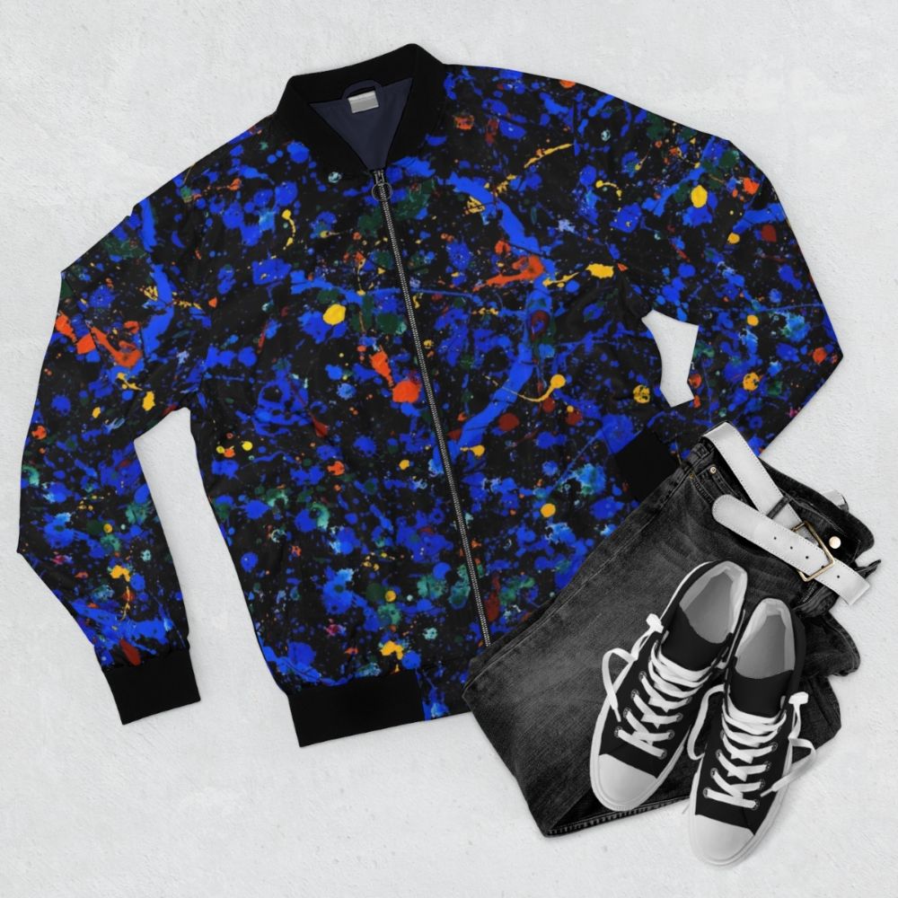 Abstract art bomber jacket featuring a Jackson Pollock-inspired design - Flat lay