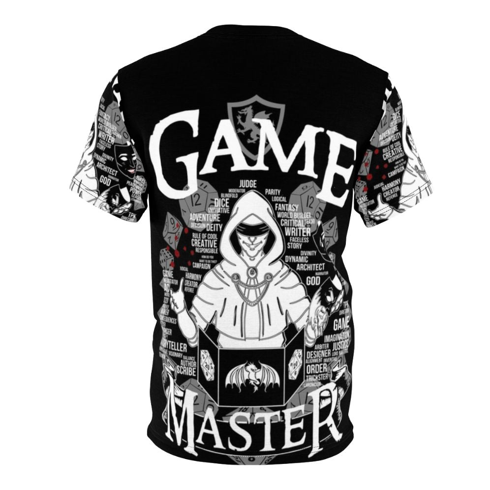 A white t-shirt with a custom game master themed graphic design. - Back