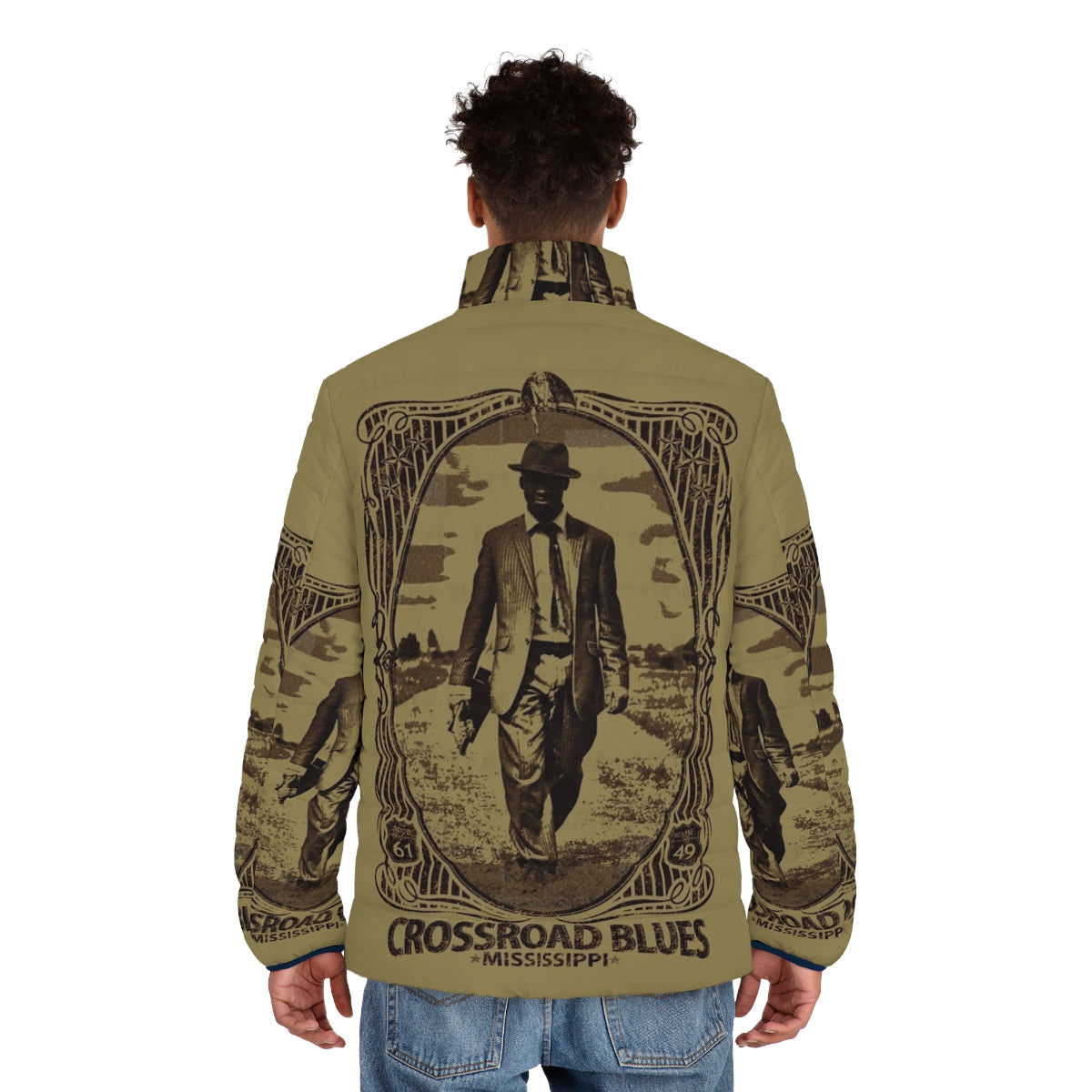 Crossroad Blues Puffer Jacket featuring Robert Johnson and Muddy Waters inspired design - men back