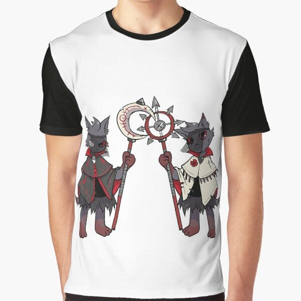 Cult of the Lamb game graphic t-shirt featuring cute and kawaii characters from the popular indie video game.