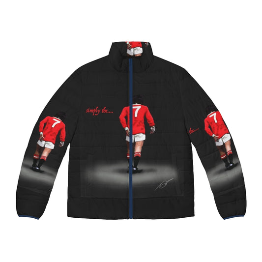 Stylish puffer jacket featuring a digital drawing of football legend George Best