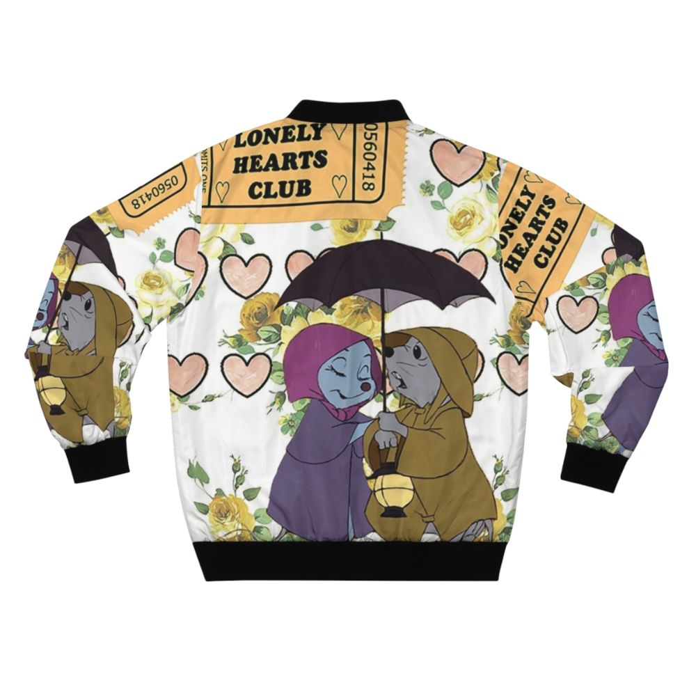 Vintage-style bomber jacket inspired by the classic Disney animated film "The Rescuers", featuring the main characters Miss Bianca, Bernard, and mice. - Back