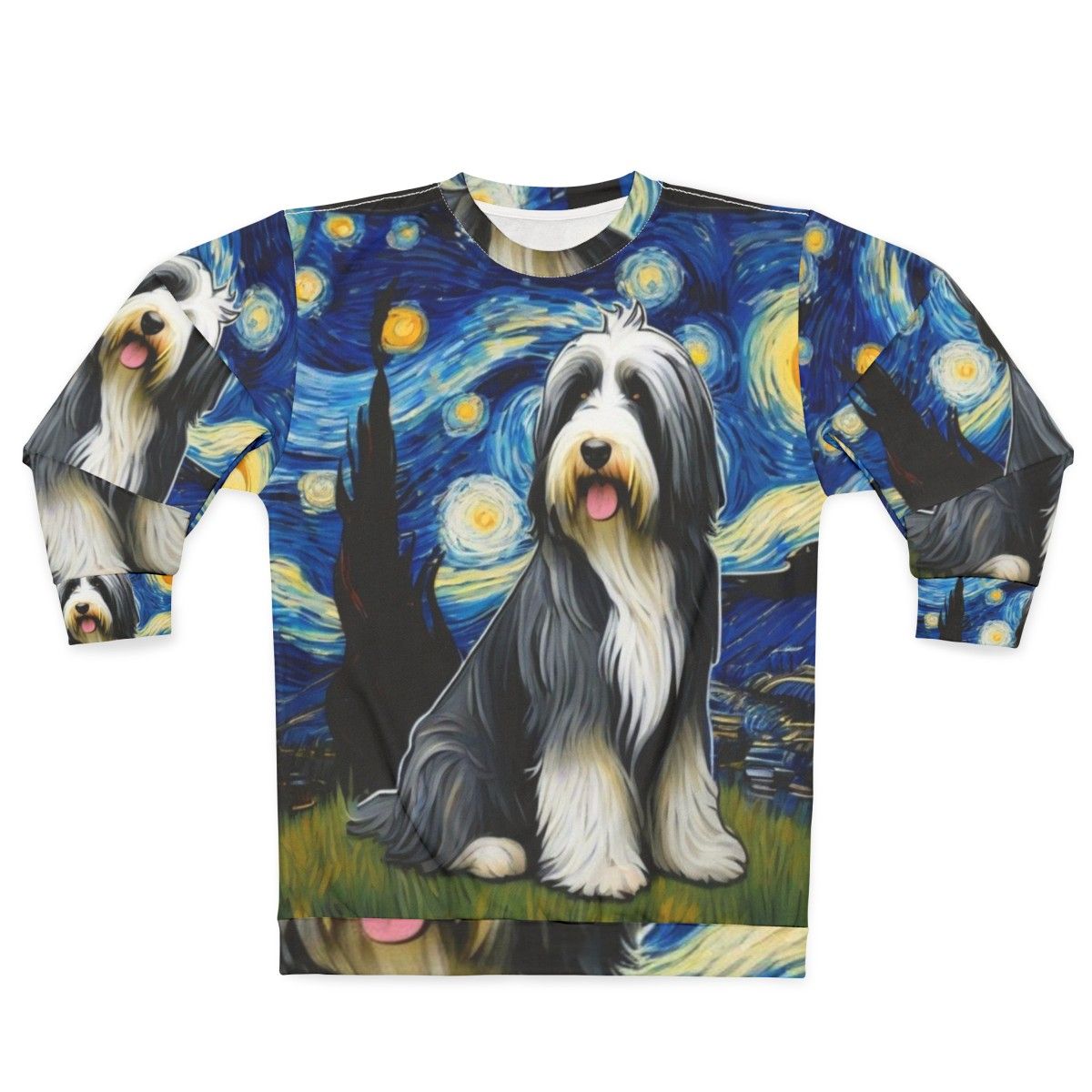 Bearded collie dog in starry night sweatshirt