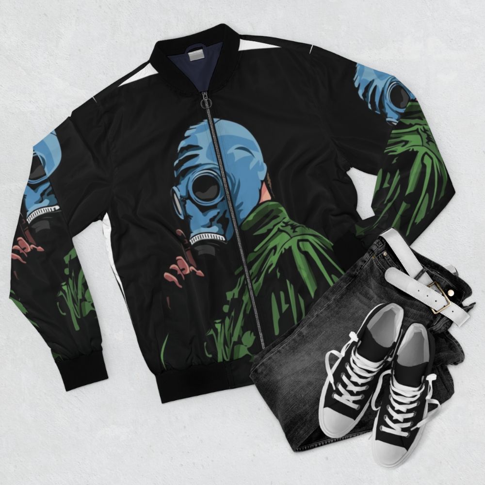 Dead Man's Shoes comic style illustration bomber jacket featuring graphic design - Flat lay