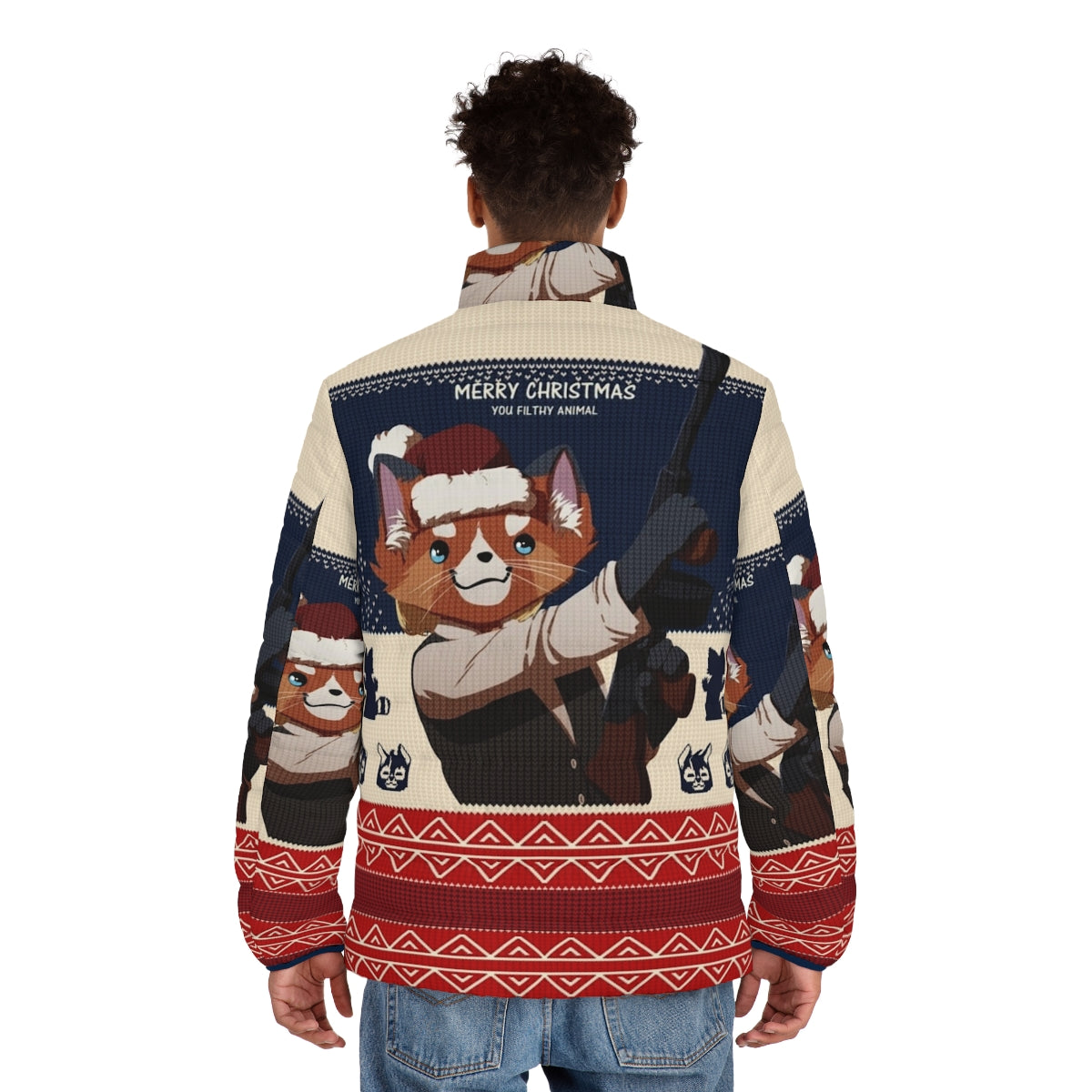 Puffer jacket with "Merry Christmas You Filthy Animal" design, perfect for the holidays - men back