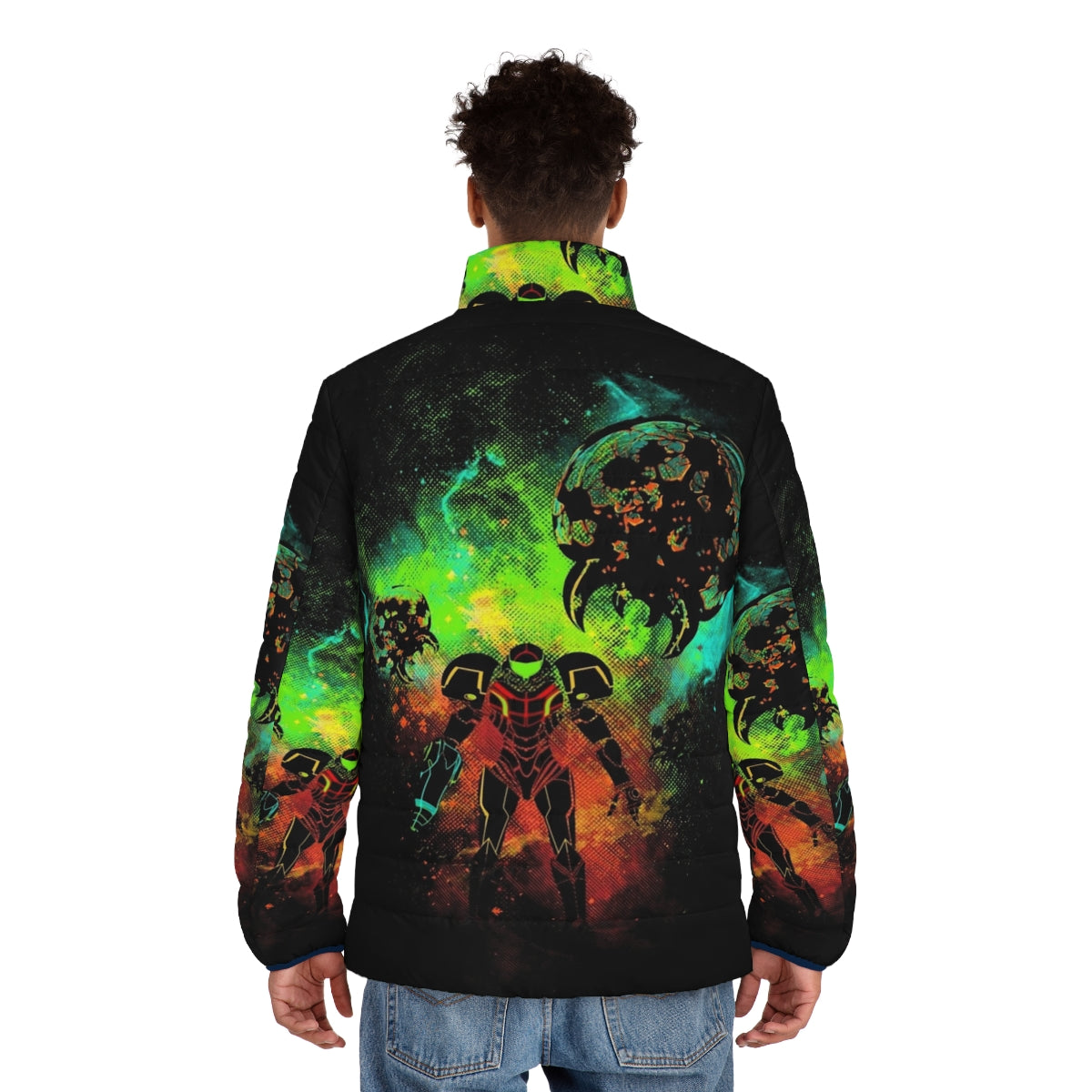 Retro gamer space puffer jacket with bounty hunter design - men back