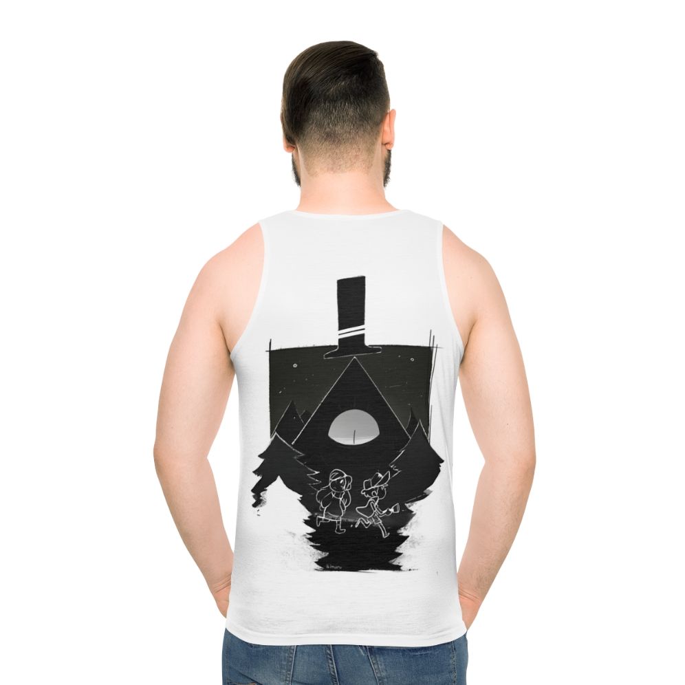 Gravity Falls inspired unisex tank top featuring Dipper, Mabel and Bill Cipher - men back