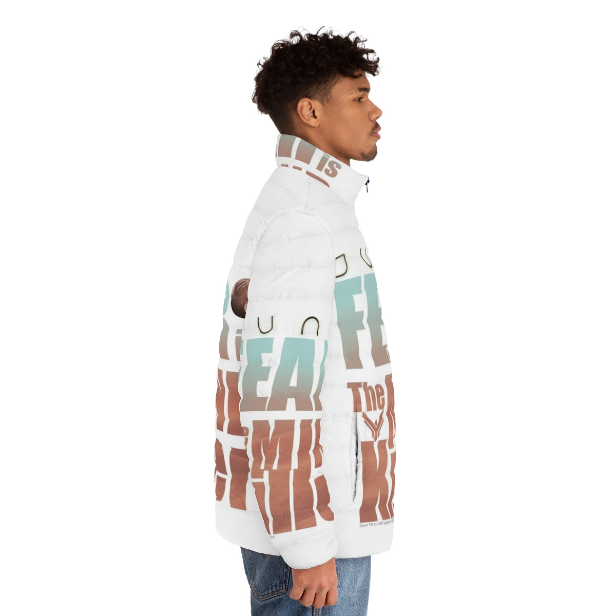 Dune 2020 'Fear Is The Mind Killer' Puffer Jacket featuring iconic Dune quote and movie artwork - men side right